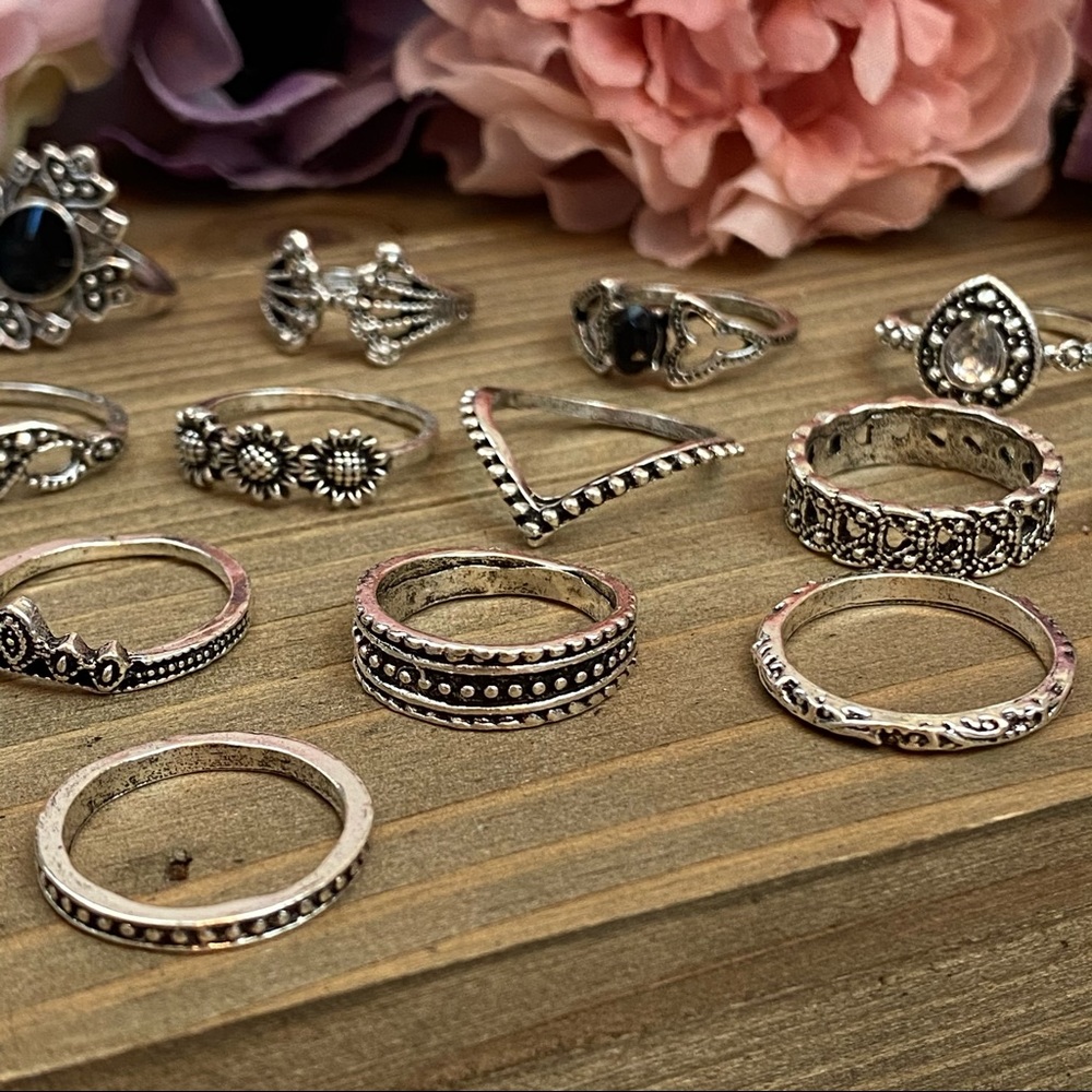 15 Pcs Boho Retro Vintage Crystal Gem Ring Set - Picture 8 of 16